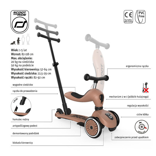 Jeździk i Hulajnoga Scootandride 2W1 z rączką do prowadzenia Mocha Highwaykick 1 Push and Go 